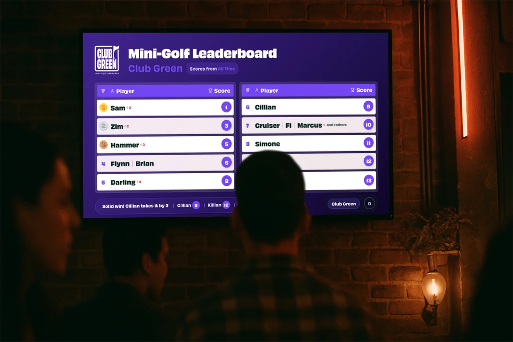 Digital mini-golf leaderboard displayed near the bar at a Club Green corporate event