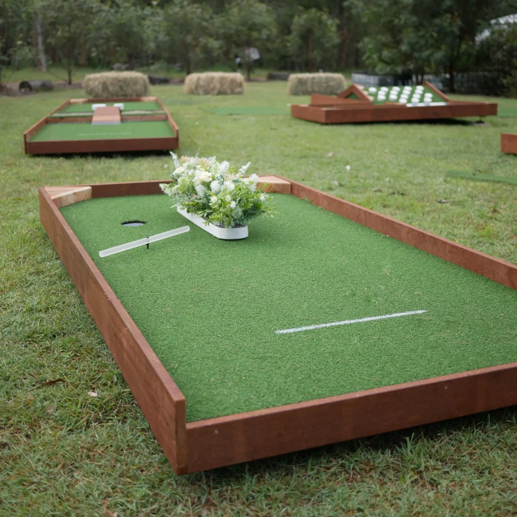 Professional mobile mini-golf course set up outdoors for a Gold Coast event